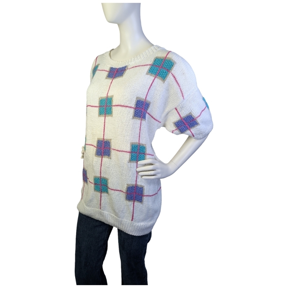 Vintage 80s 90s Northern Isles Hand Knit Short Sleeve Sweater | Pink Purple Teal - Picture 3 of 8